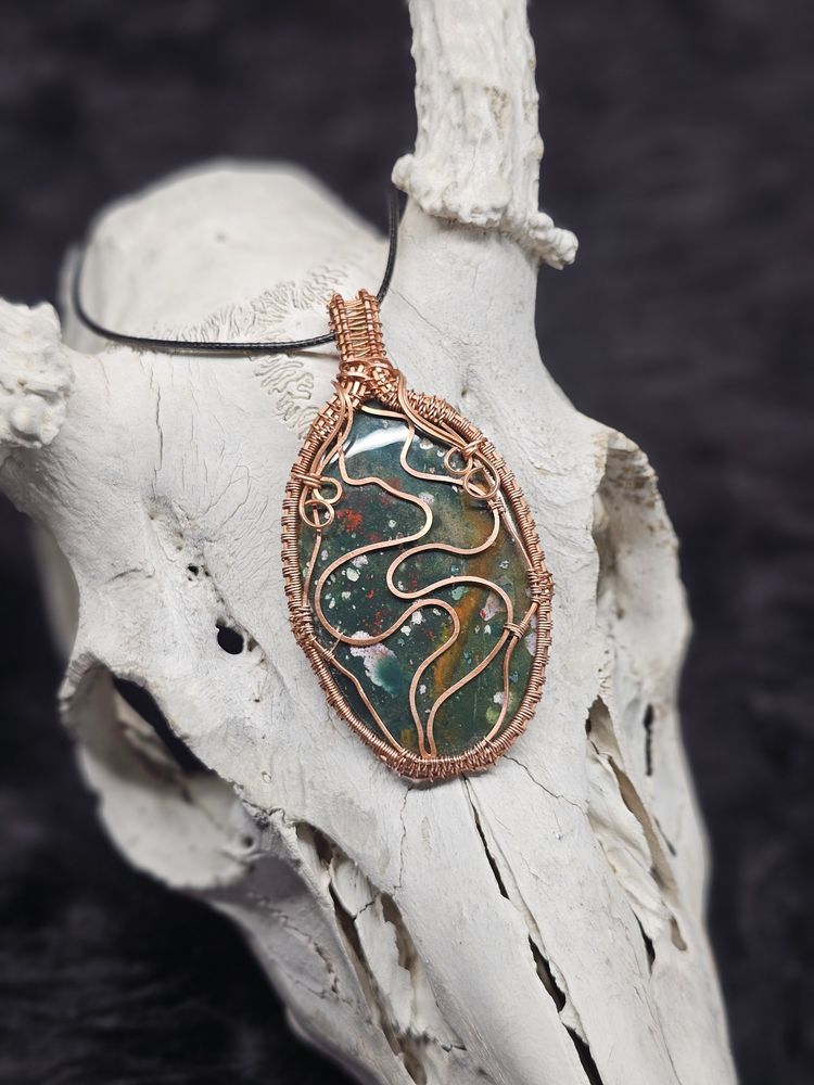 Wire wrapped bloodstone snake necklace 